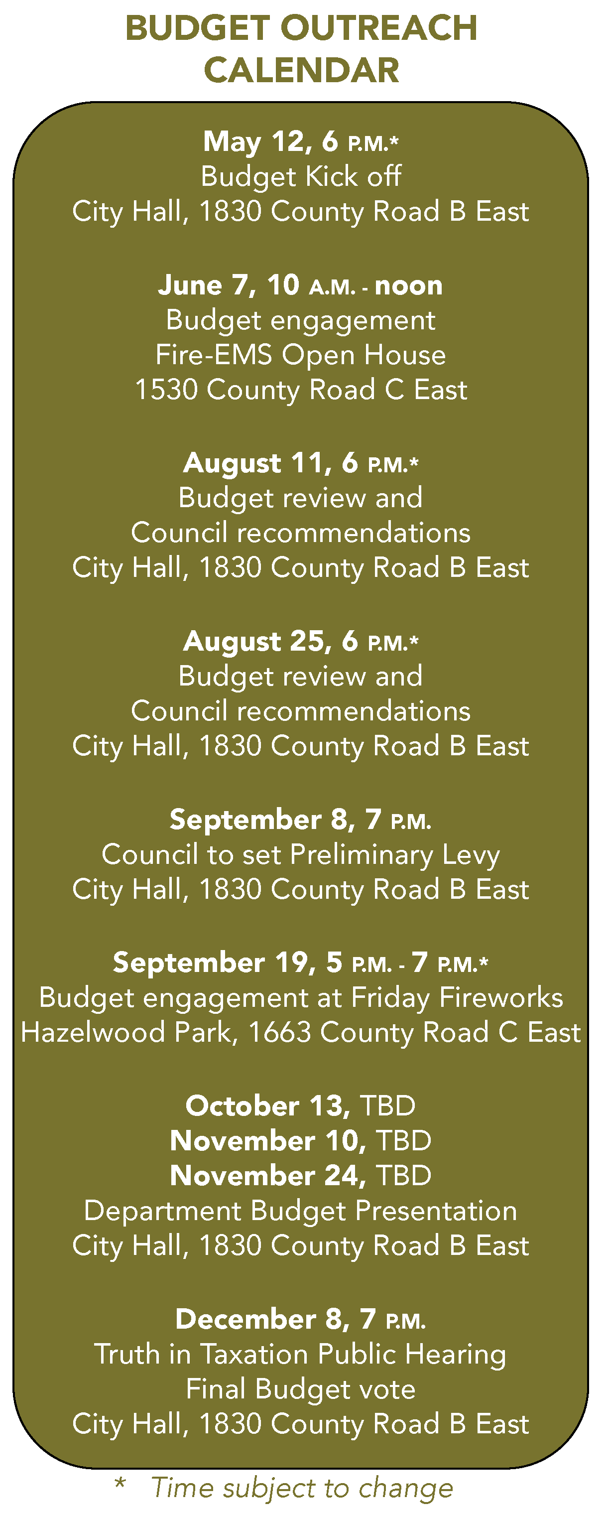 Finance Calendar detailing budget events